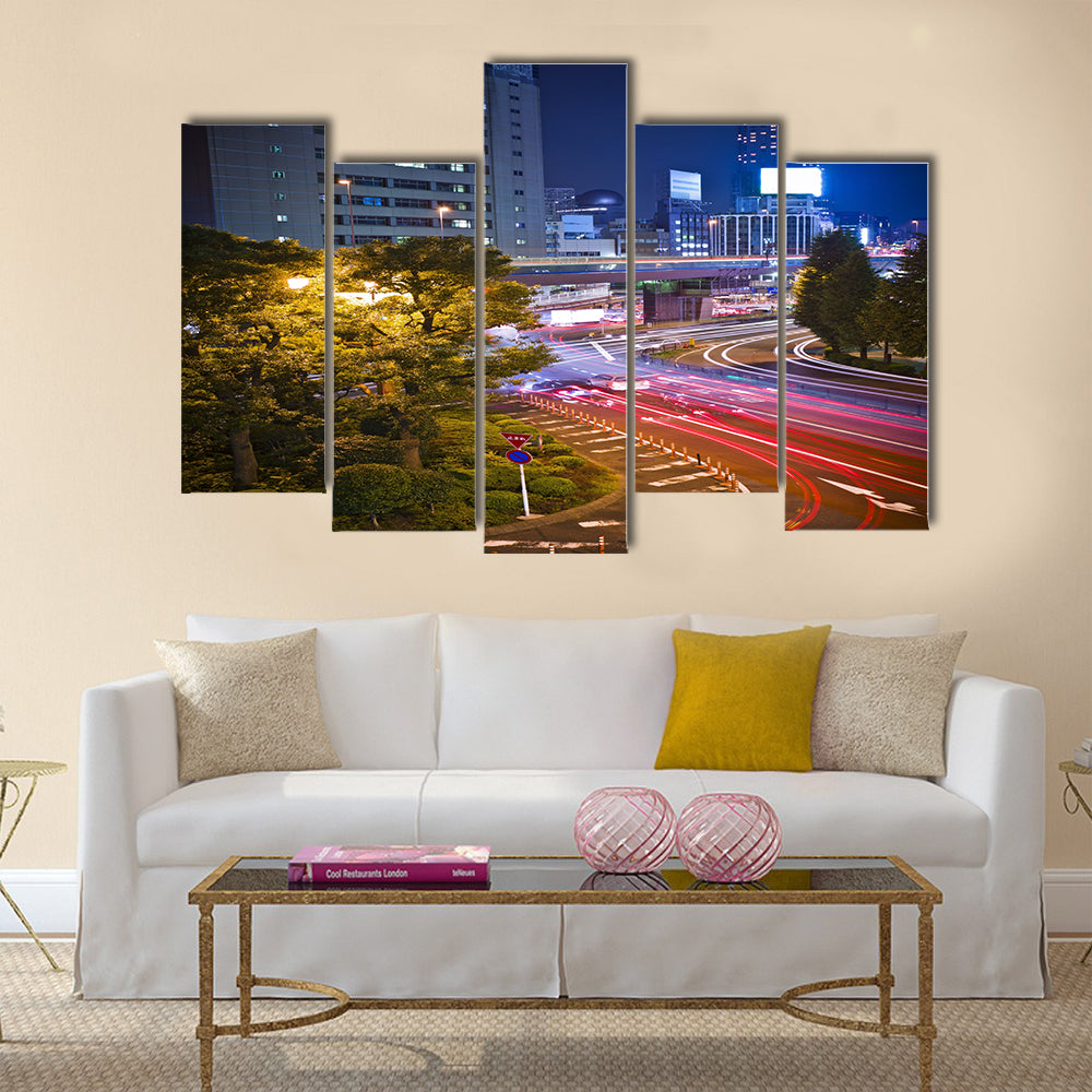 City night scene with car motion lights in Tokyo Multi Panel Canvas Wall Art