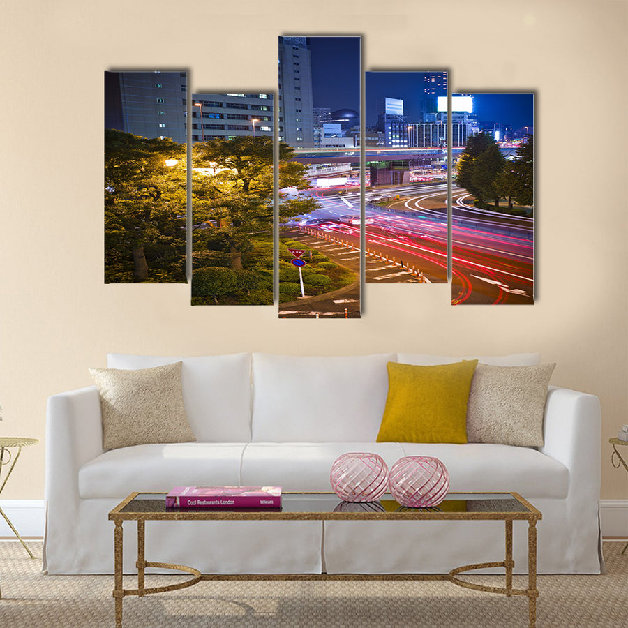 City night scene with car motion lights in Tokyo Multi Panel Canvas Wall Art