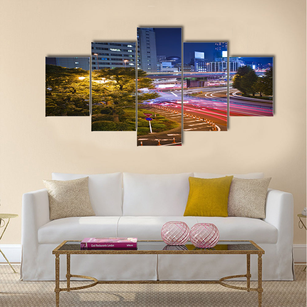 City night scene with car motion lights in Tokyo Multi Panel Canvas Wall Art