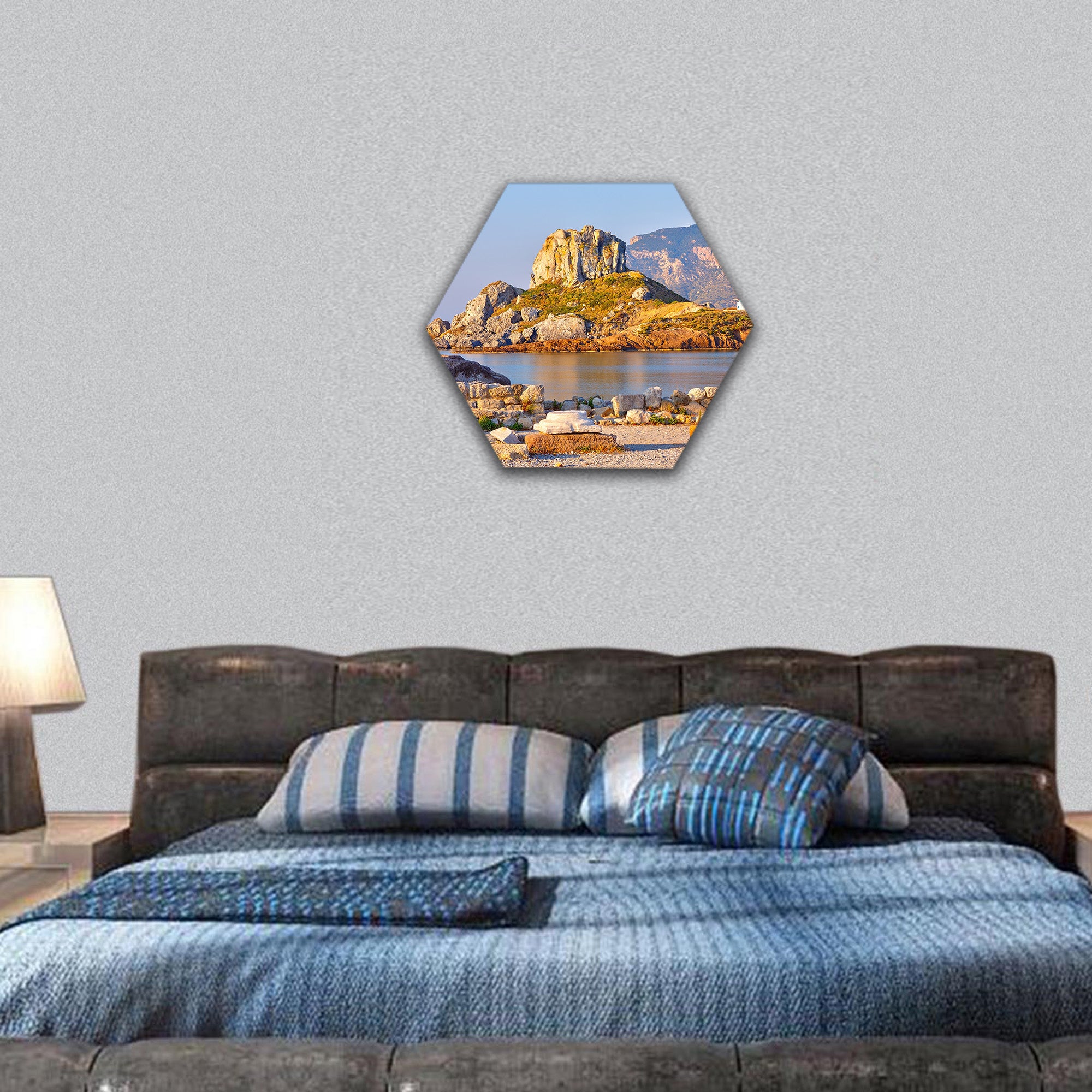 Little island Kastri near Kos, Greece hexagonal canvas wall art