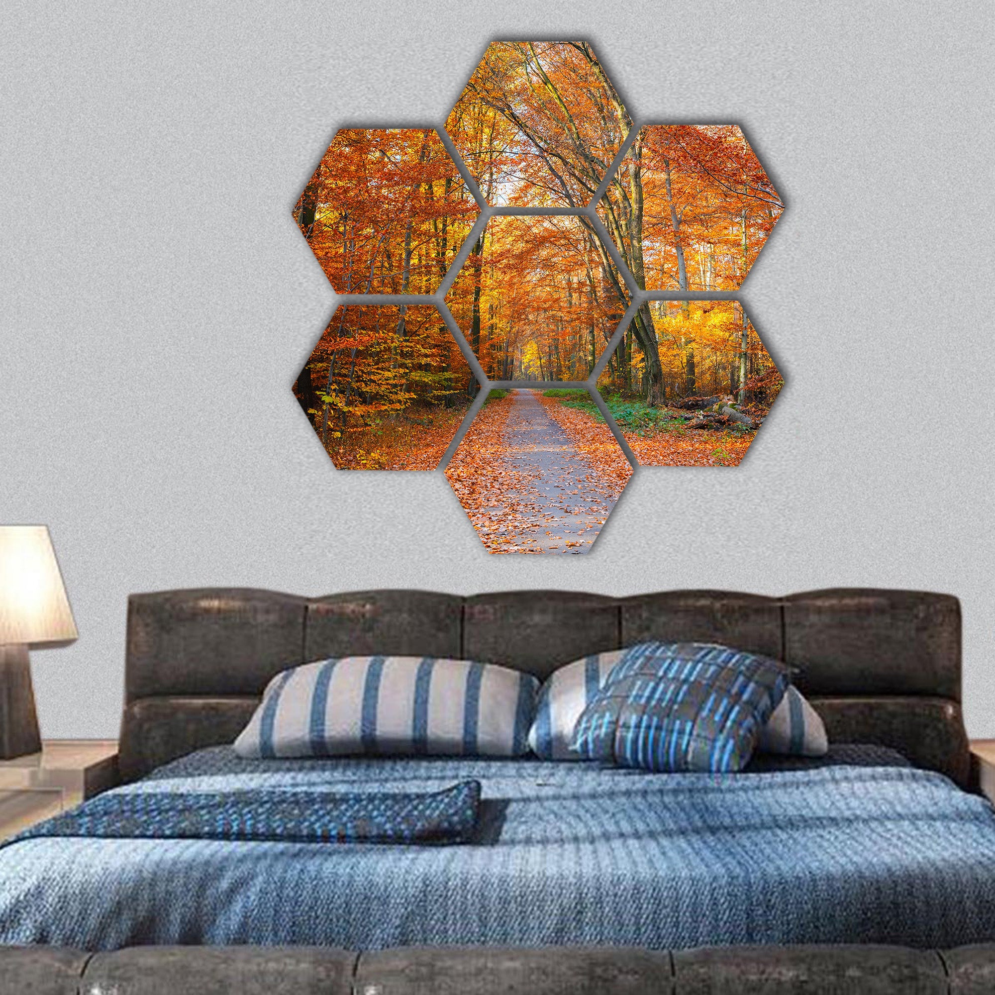 Pathway through the autumn forest hexagonal canvas wall art