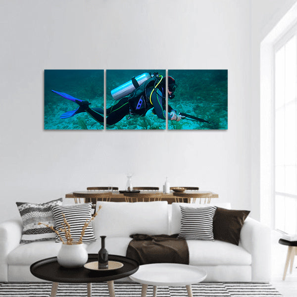Spear fisherman with speargun panoramic canvas wall art