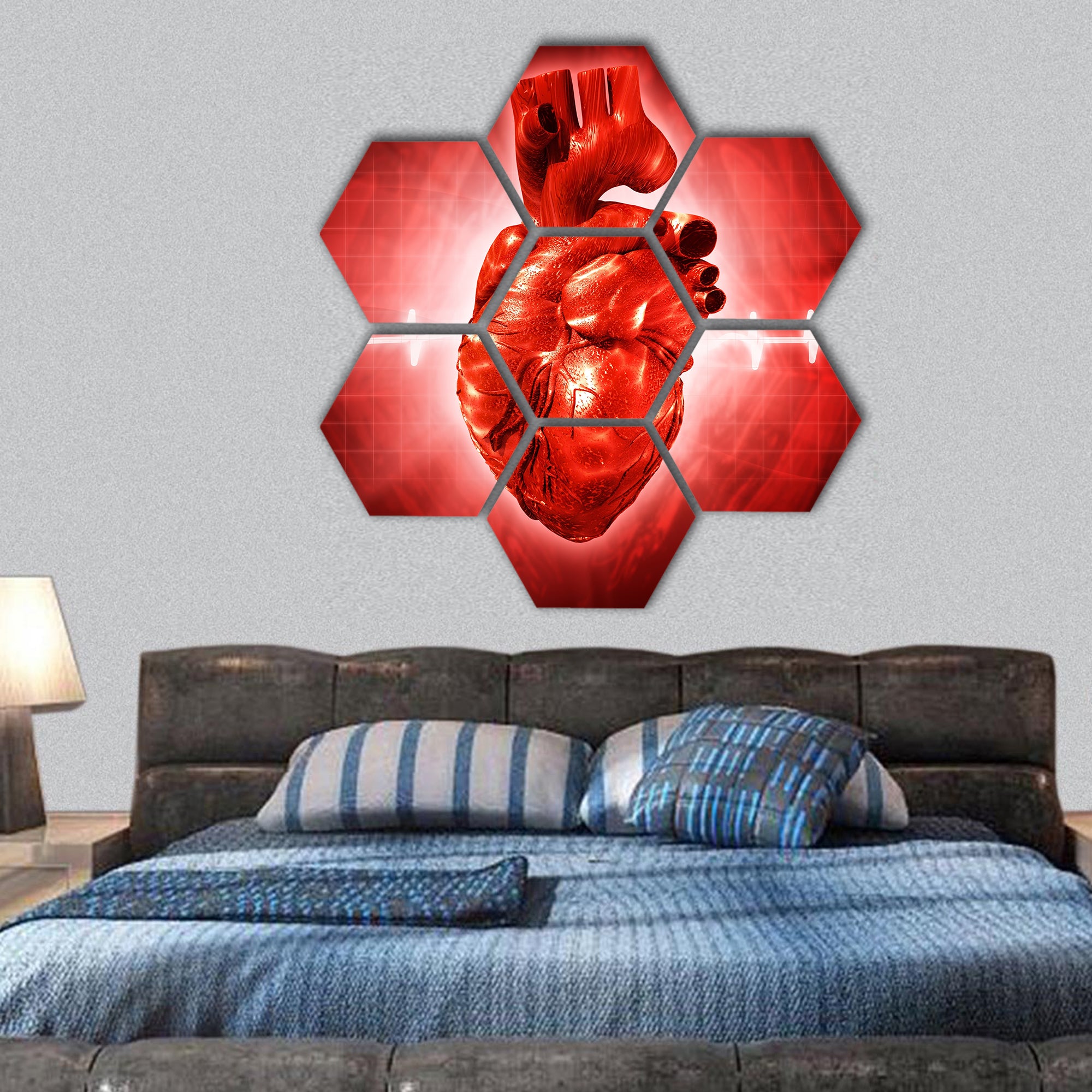 ECG abstract with human heart hexagonal canvas wall art