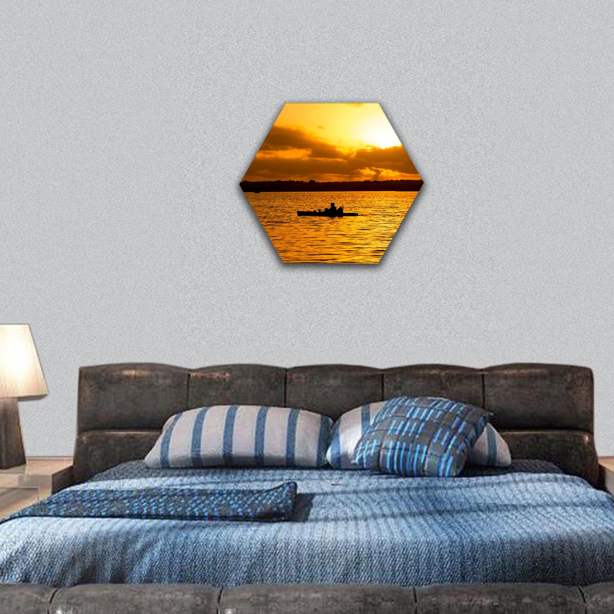 Fisherman silhouette in kayak and orange lake sunset hexagonal canvas wall art