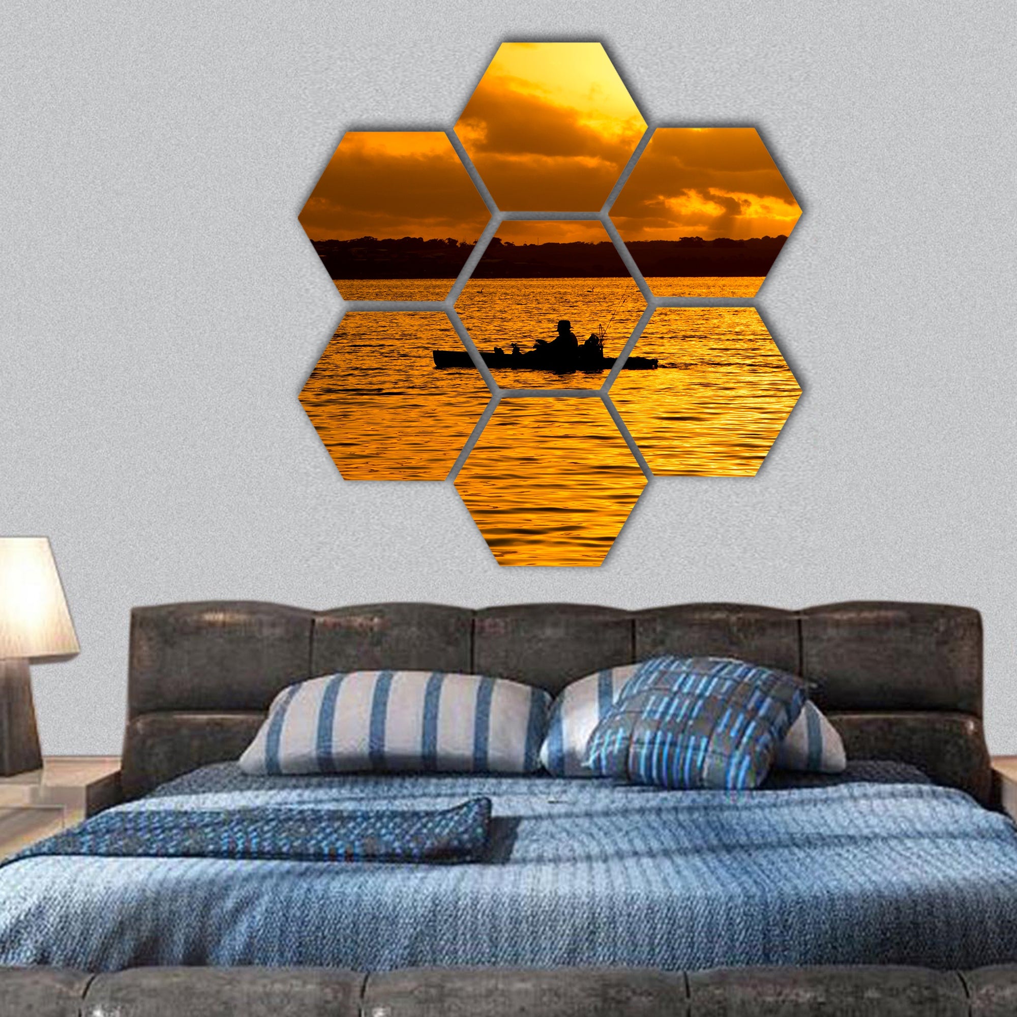 Fisherman silhouette in kayak and orange lake sunset hexagonal canvas wall art