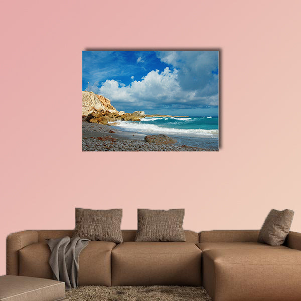 Summer beach - clouds, mountain and waves on remote wall art