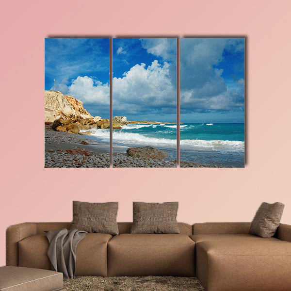 Summer beach - clouds, mountain and waves on remote wall art