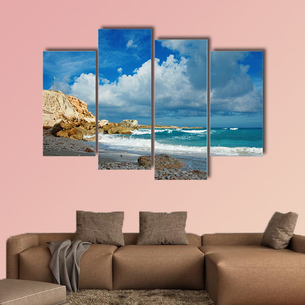 Summer beach - clouds, mountain and waves on remote wall art