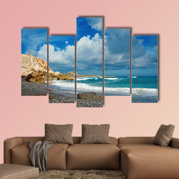 Summer beach - clouds, mountain and waves on remote wall art