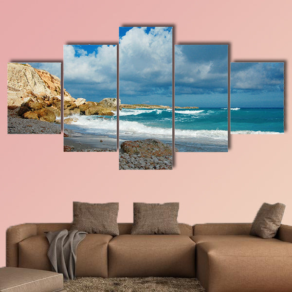 Summer beach - clouds, mountain and waves on remote wall art