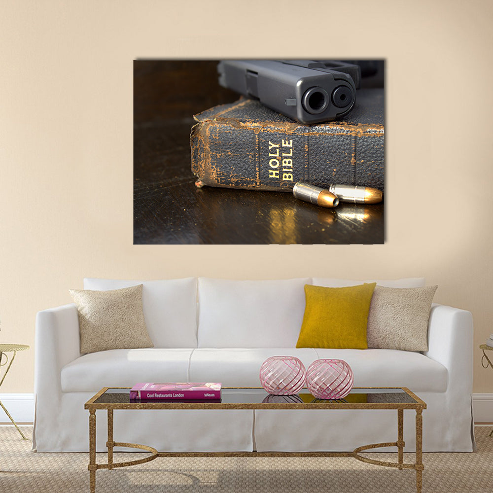Pistol and Ammo with Bible multi panel canvas wall art