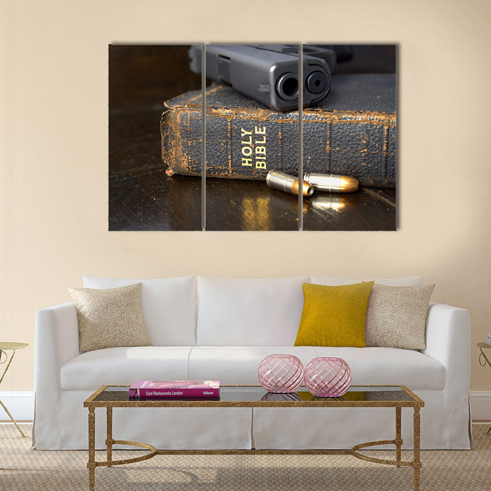 Pistol and Ammo with Bible multi panel canvas wall art