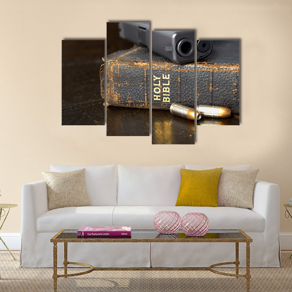 Pistol and Ammo with Bible multi panel canvas wall art