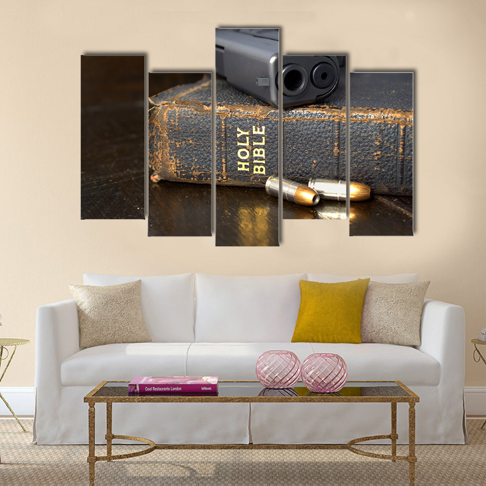 Pistol and Ammo with Bible multi panel canvas wall art