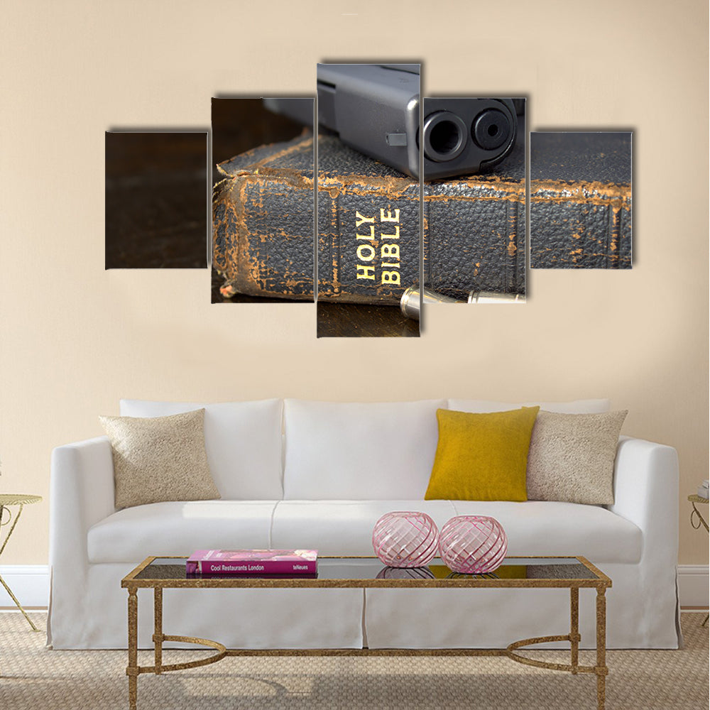 Pistol and Ammo with Bible multi panel canvas wall art