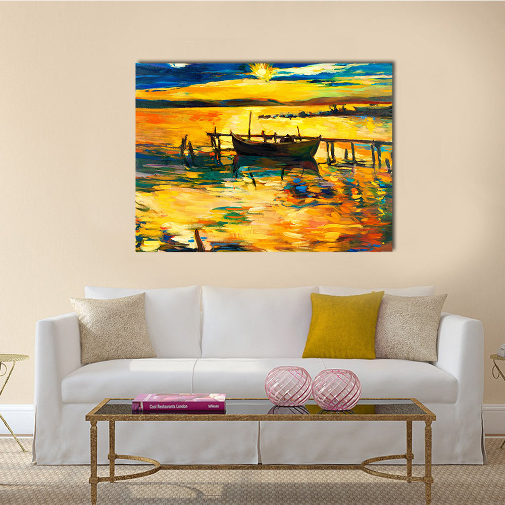 A Boat And Jetty(pier) With A Sunset Over Ocean Multi Panel Canvas Wall Art
