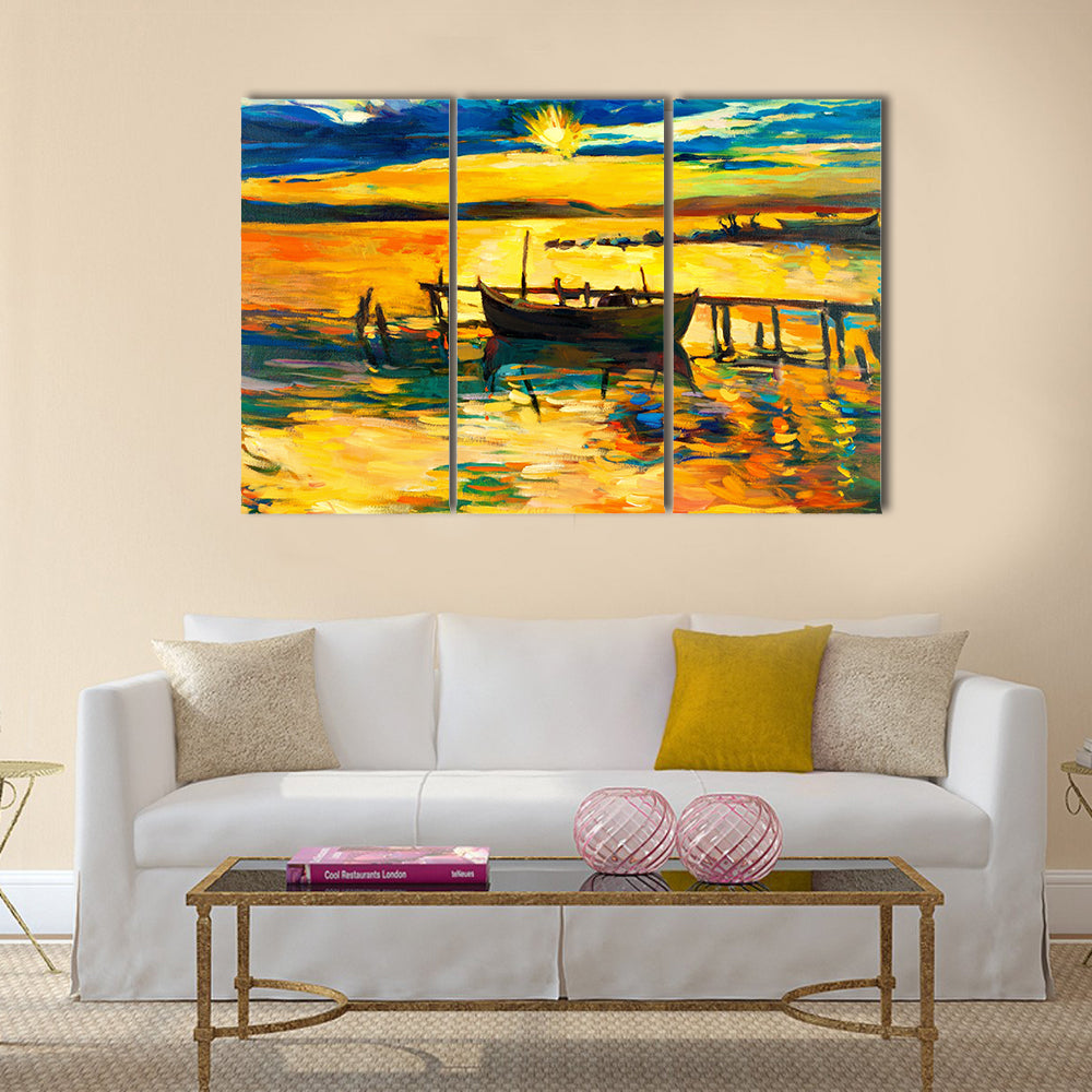 A Boat And Jetty(pier) With A Sunset Over Ocean Multi Panel Canvas Wall Art