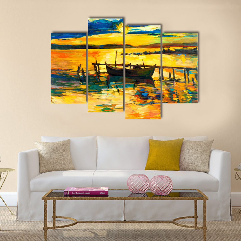 A Boat And Jetty(pier) With A Sunset Over Ocean Multi Panel Canvas Wall Art