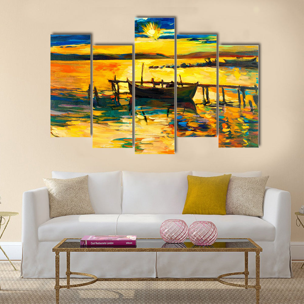 A Boat And Jetty(pier) With A Sunset Over Ocean Multi Panel Canvas Wall Art