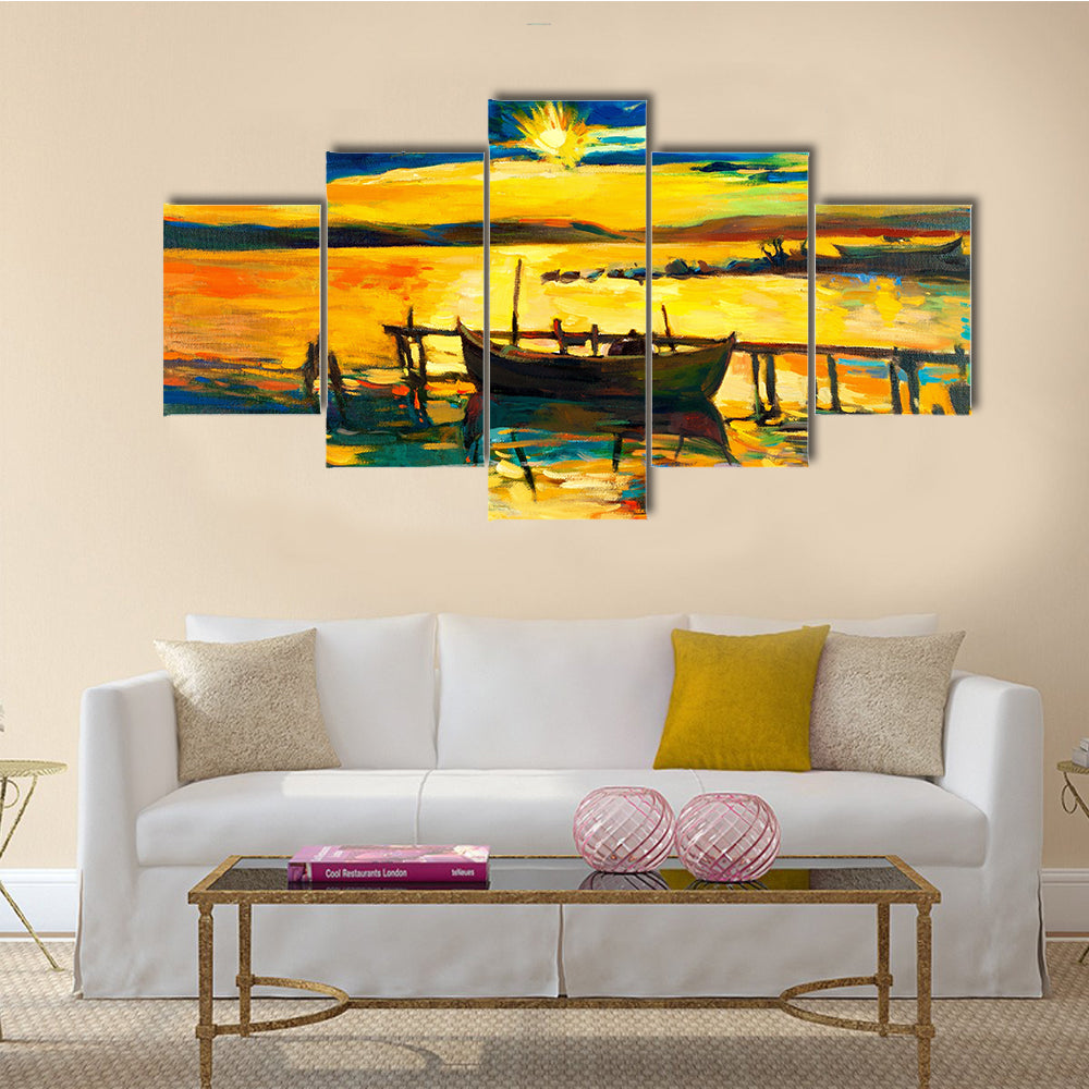 A Boat And Jetty(pier) With A Sunset Over Ocean Multi Panel Canvas Wall Art