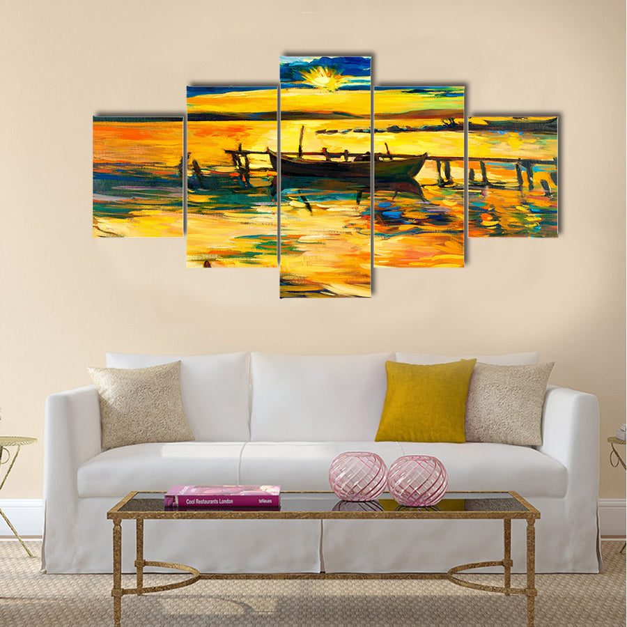 Original oil painting of boat and jetty(pier) on canvas Multi Panel Canvas Wall Art