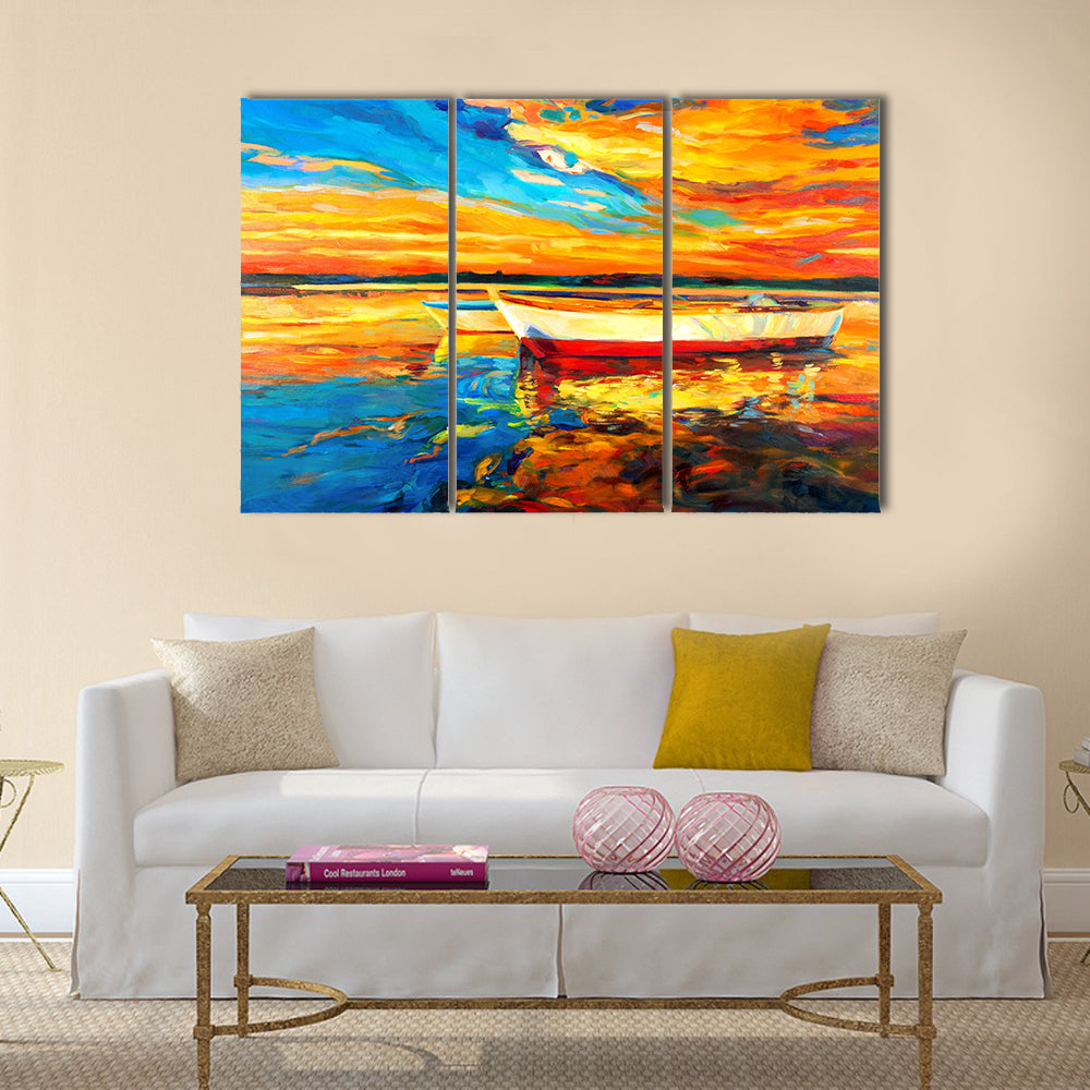 Original oil painting of boat and sea on canvas Multi Panel Canvas Wall Art