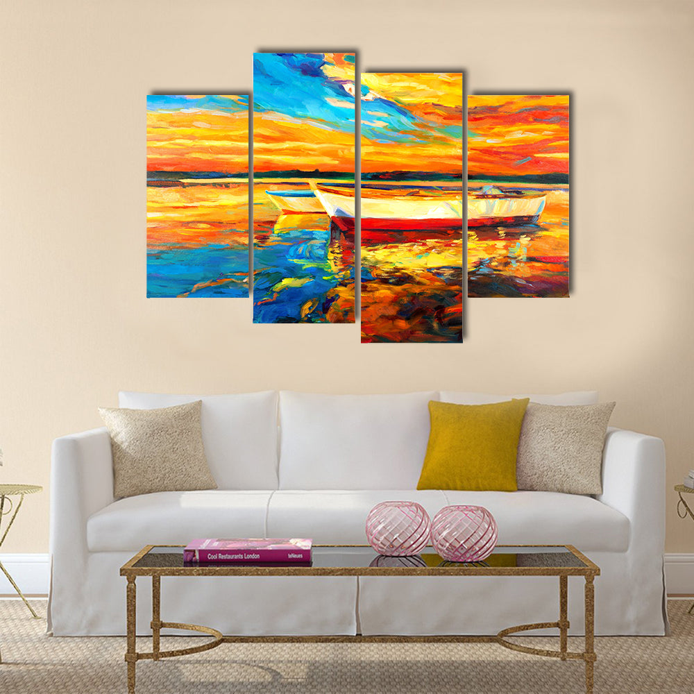 Original oil painting of boat and sea on canvas Multi Panel Canvas Wall Art