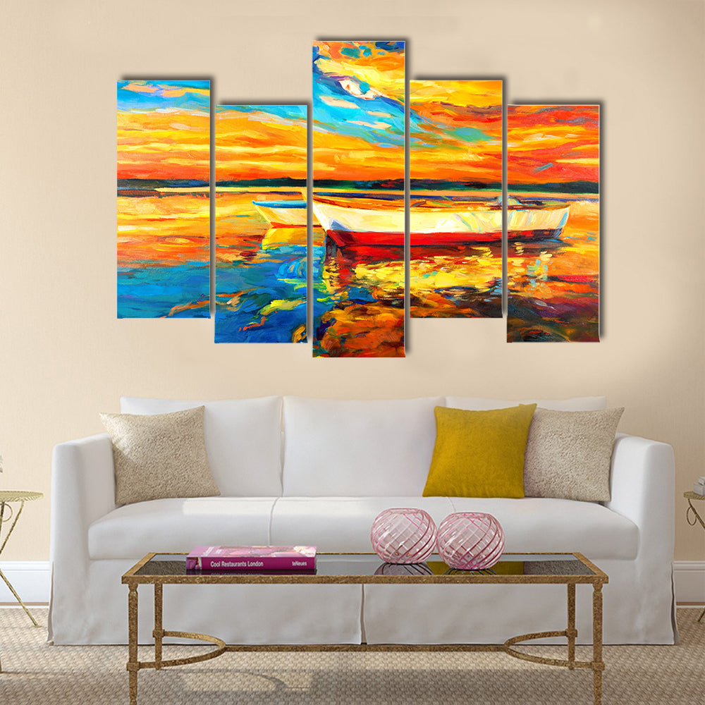 Original oil painting of boat and sea on canvas Multi Panel Canvas Wall Art