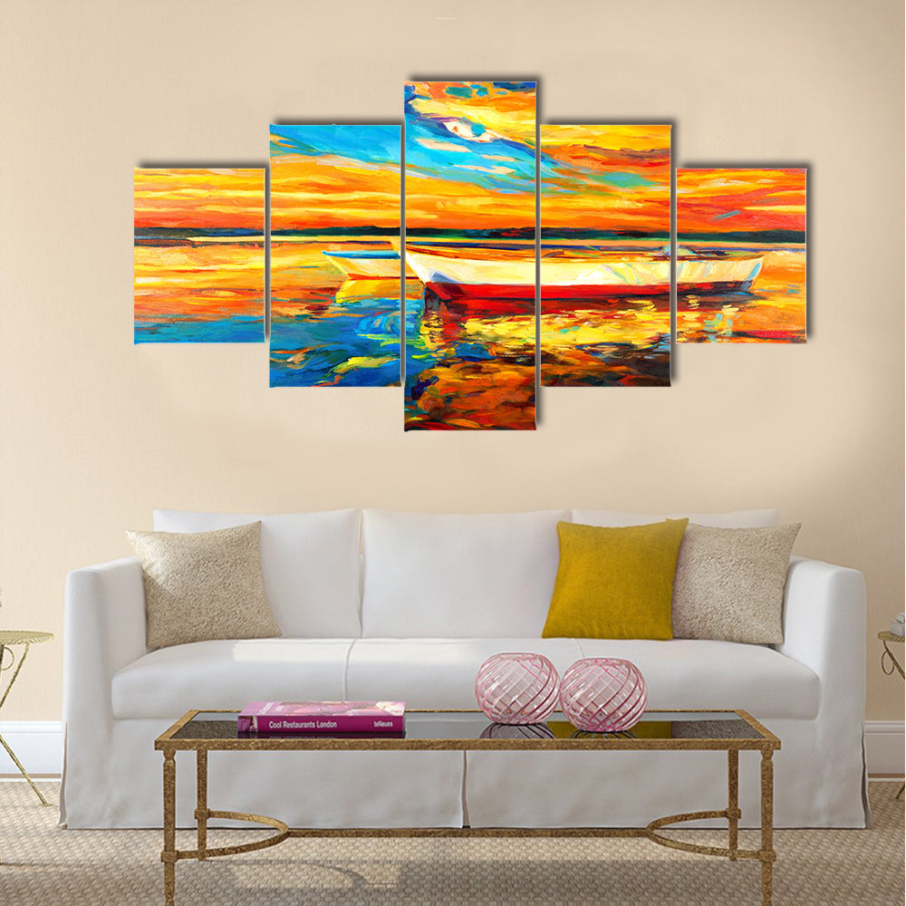 Original oil painting of boat and sea on canvas Multi Panel Canvas Wall Art