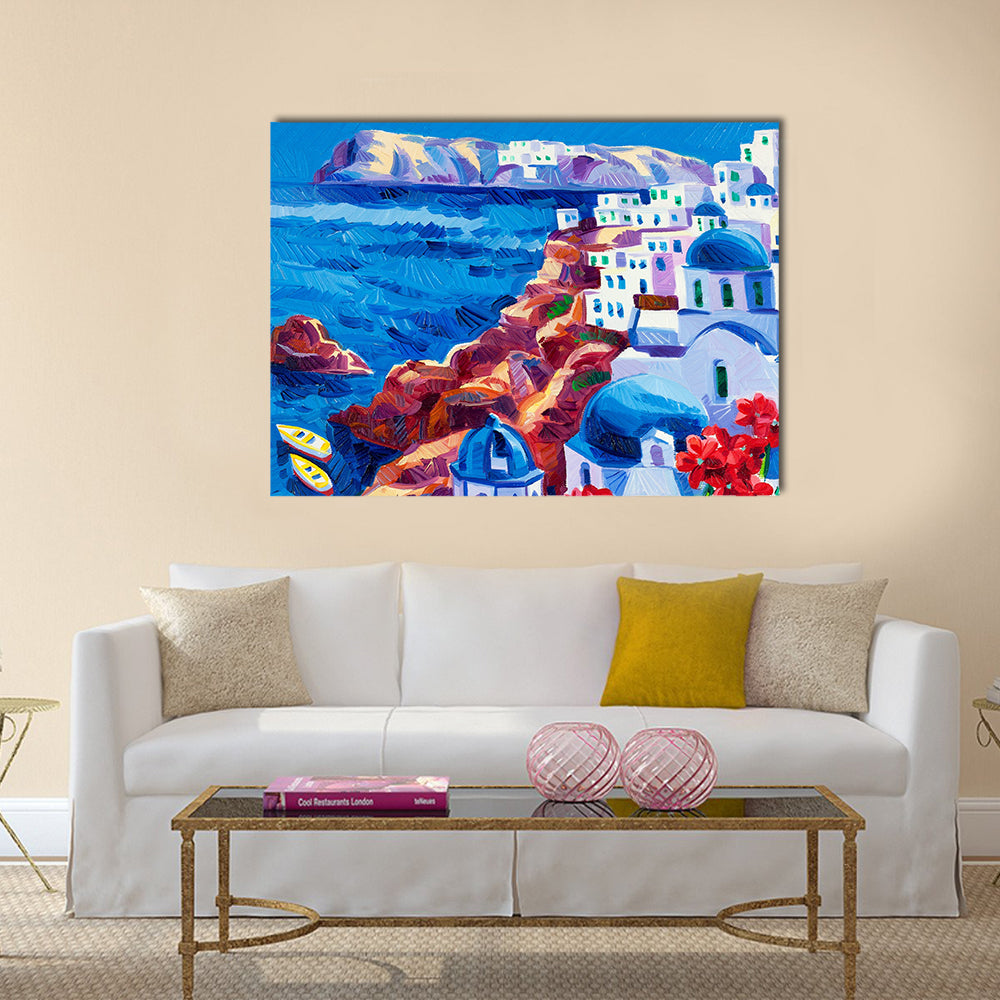 Original oil painting showing Blue churches and white houses of Oia village at Santorini island   Multi panel canvas wall art