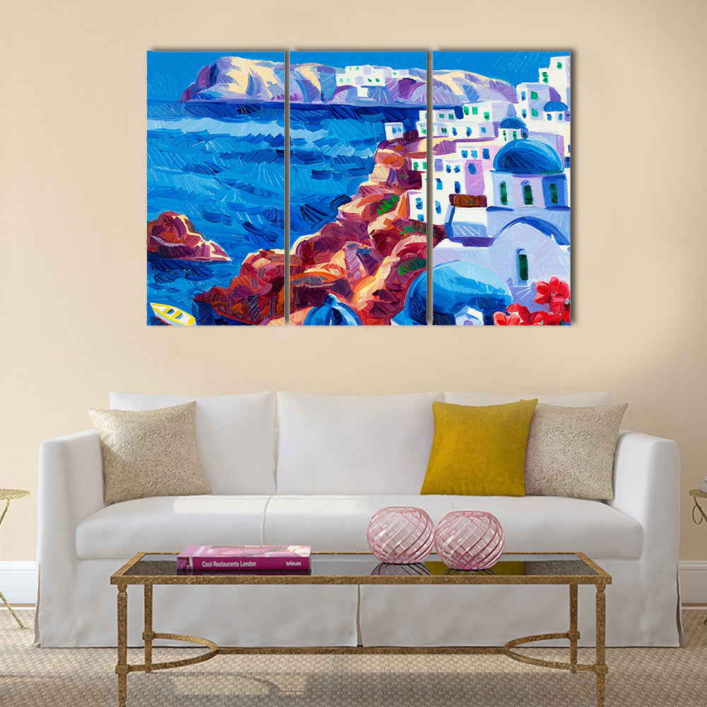 Original oil painting showing Blue churches and white houses of Oia village at Santorini island   Multi panel canvas wall art