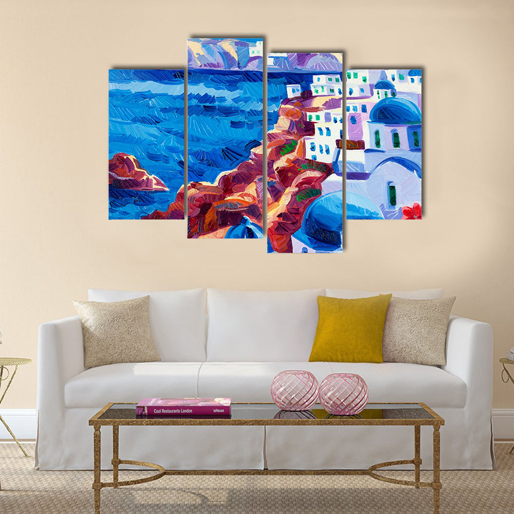 Original oil painting showing Blue churches and white houses of Oia village at Santorini island   Multi panel canvas wall art