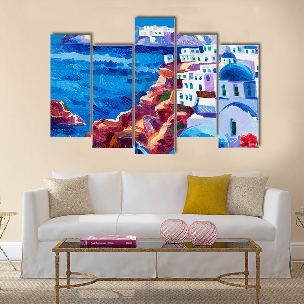 Original oil painting showing Blue churches and white houses of Oia village at Santorini island   Multi panel canvas wall art