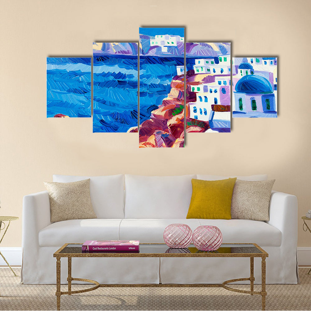 Original oil painting showing Blue churches and white houses of Oia village at Santorini island   Multi panel canvas wall art
