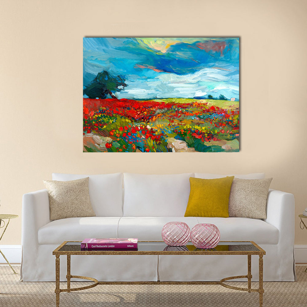 Original oil painting of fields of flowers on canvas Multi Panel Canvas Wall Art