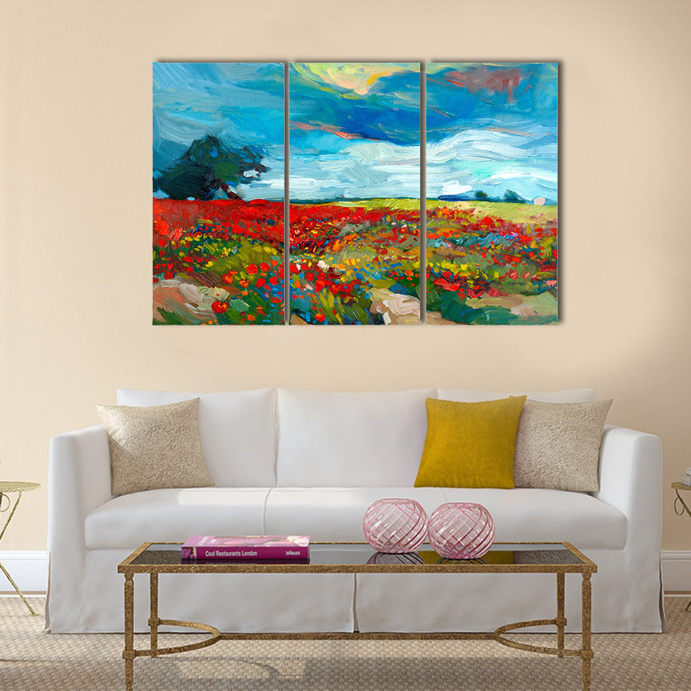 Original oil painting of fields of flowers on canvas Multi Panel Canvas Wall Art
