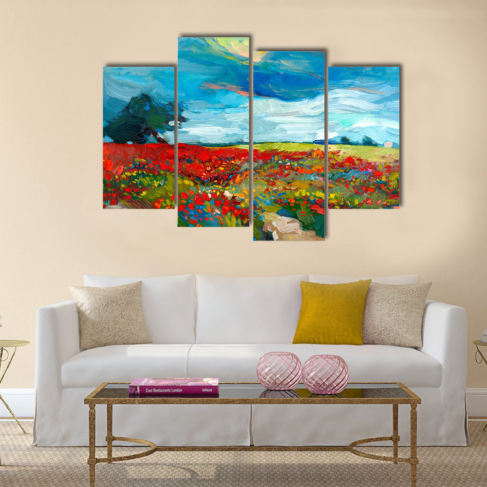 Original oil painting of fields of flowers on canvas Multi Panel Canvas Wall Art