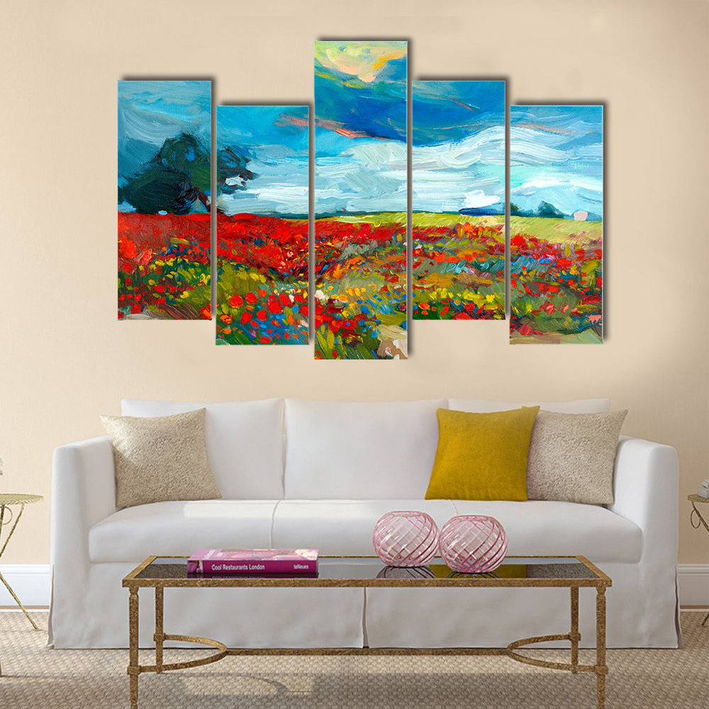 Original oil painting of fields of flowers on canvas Multi Panel Canvas Wall Art