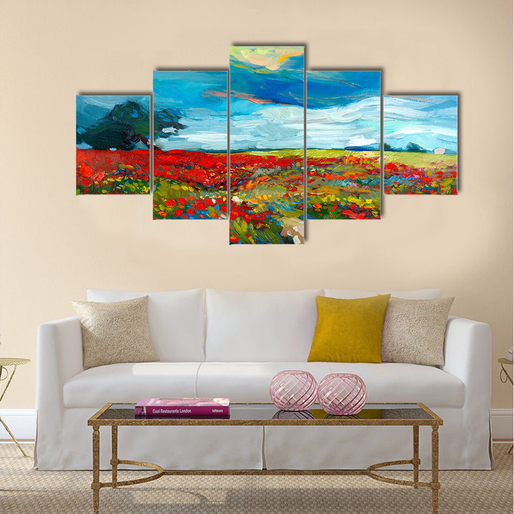 Original oil painting of fields of flowers on canvas Multi Panel Canvas Wall Art