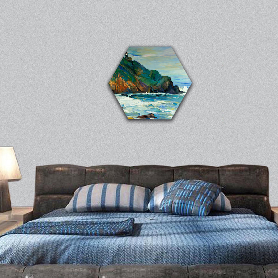 oil painting of lighthouse on the seacoast hexagonal canvas wall art