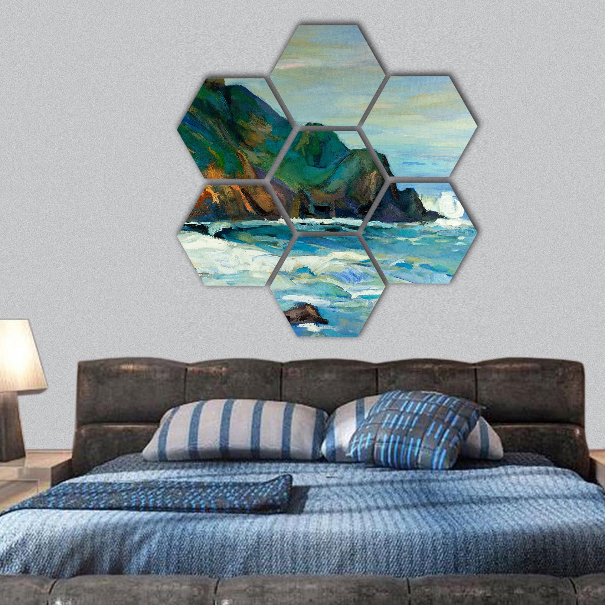 oil painting of lighthouse on the seacoast hexagonal canvas wall art