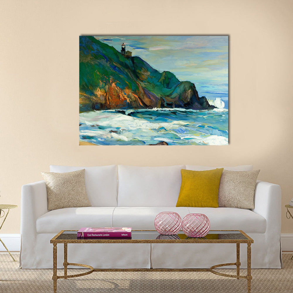 Original oil painting of lighthouse on the seacoast on canvas.Modern Impressionism Multi panel canvas wall art