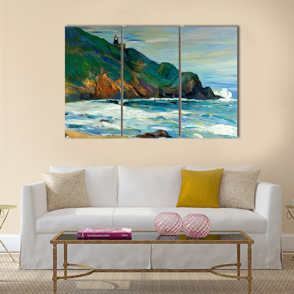 Original oil painting of lighthouse on the seacoast on canvas.Modern Impressionism Multi panel canvas wall art