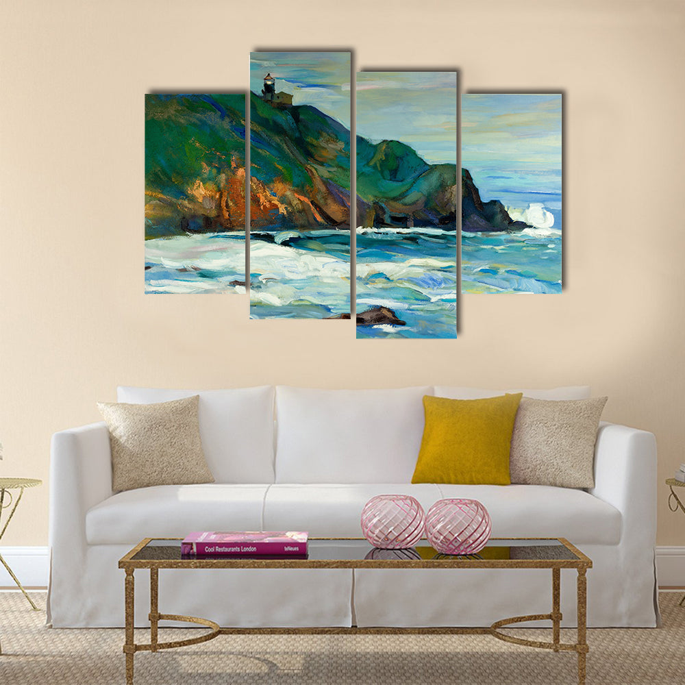Original oil painting of lighthouse on the seacoast on canvas.Modern Impressionism Multi panel canvas wall art