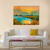 The Original Oil Painting Showing Beautiful Lake, Sunset, Landscape Multi Panel Canvas Wall Art