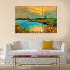 The Original Oil Painting Showing Beautiful Lake, Sunset, Landscape Multi Panel Canvas Wall Art