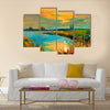 The Original Oil Painting Showing Beautiful Lake, Sunset, Landscape Multi Panel Canvas Wall Art