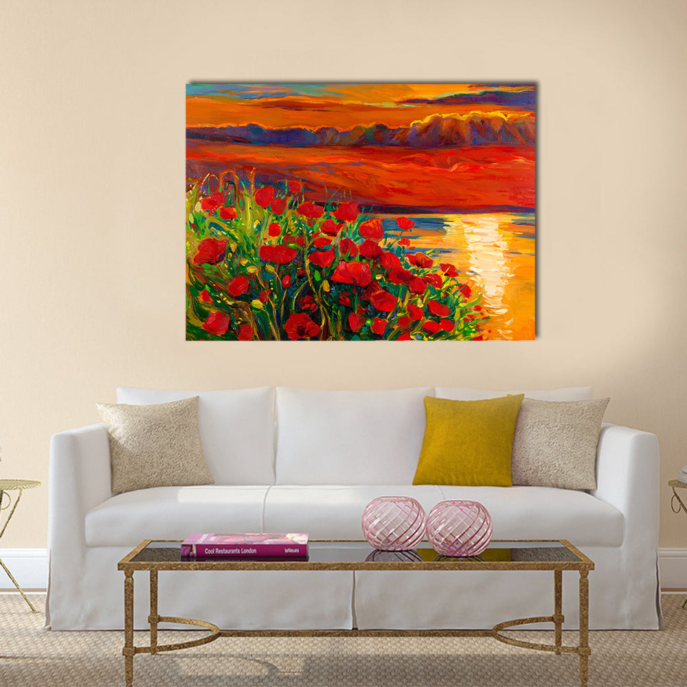 Original oil painting of Opium poppy( Papaver somniferum) field  Multi Panel Canvas Wall Art