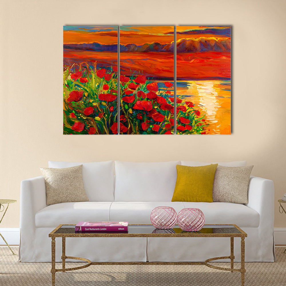 Original oil painting of Opium poppy( Papaver somniferum) field  Multi Panel Canvas Wall Art
