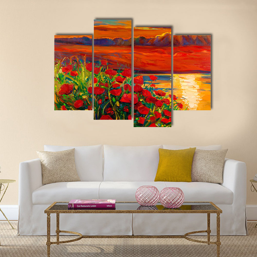 Original oil painting of Opium poppy( Papaver somniferum) field  Multi Panel Canvas Wall Art